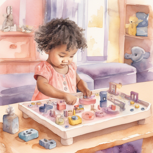 a child discovering creative ways to use a Montessori busy board