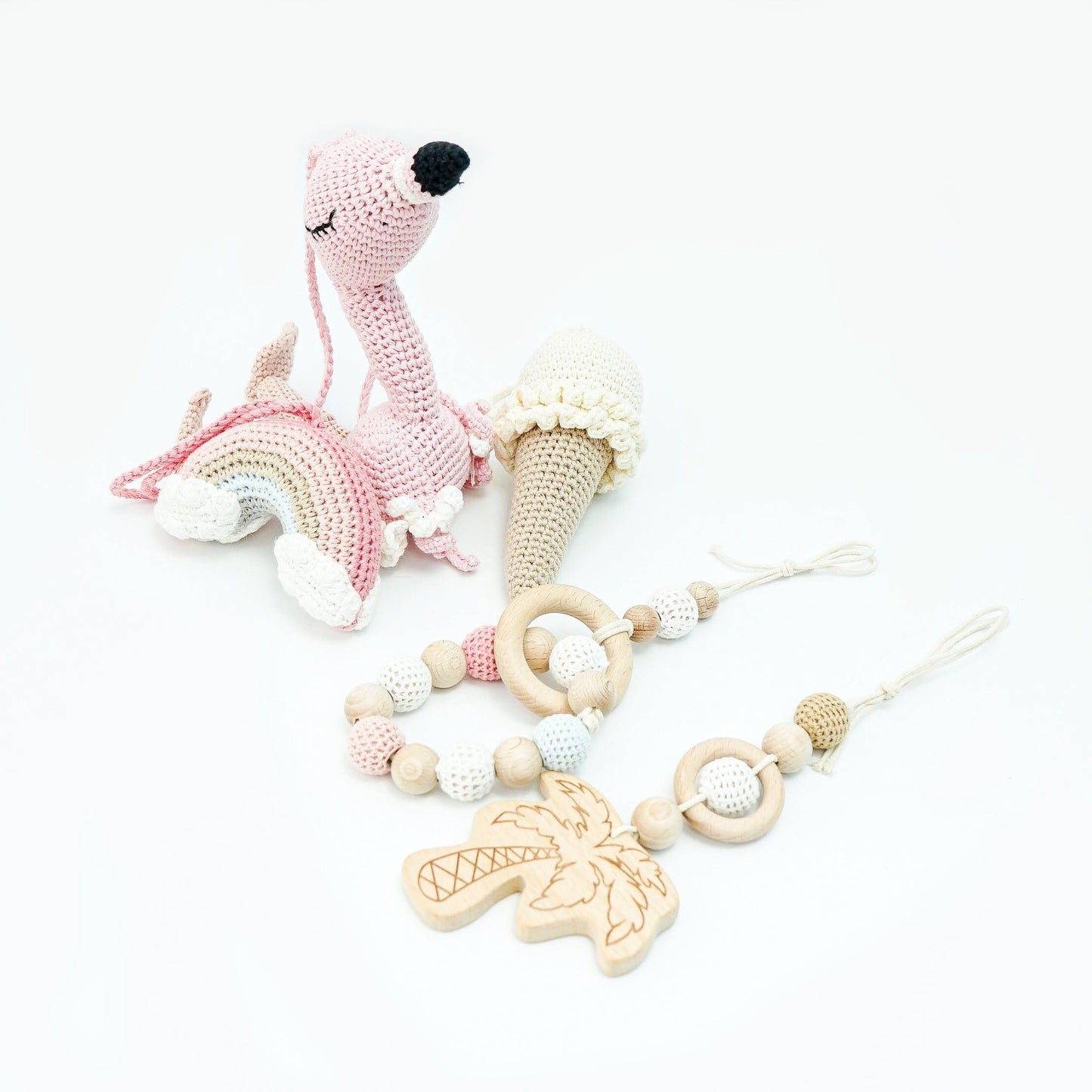 Baby Gym with Handmade Crochet Toys Jabaloo Flamingo Dreams #toys_flamingo