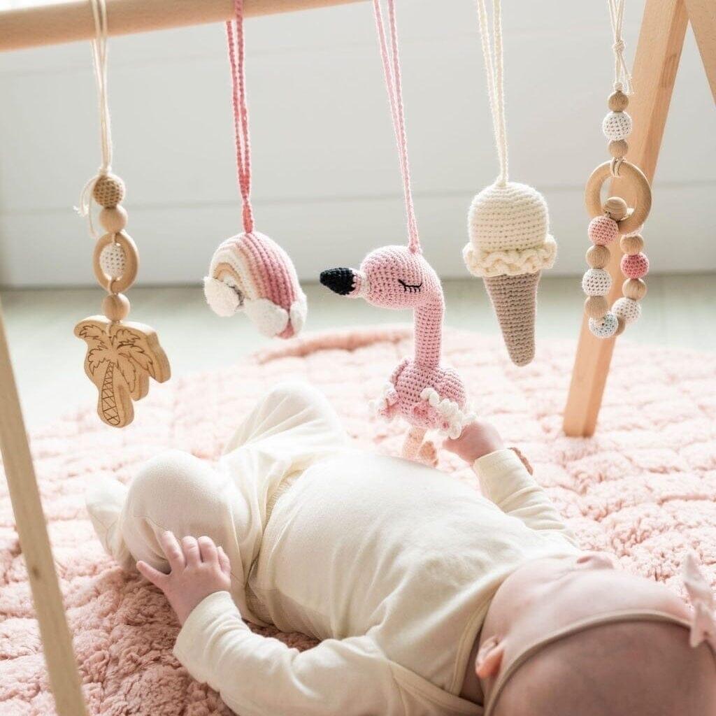 Baby Gym with Handmade Crochet Toys Jabaloo #toys_flamingo