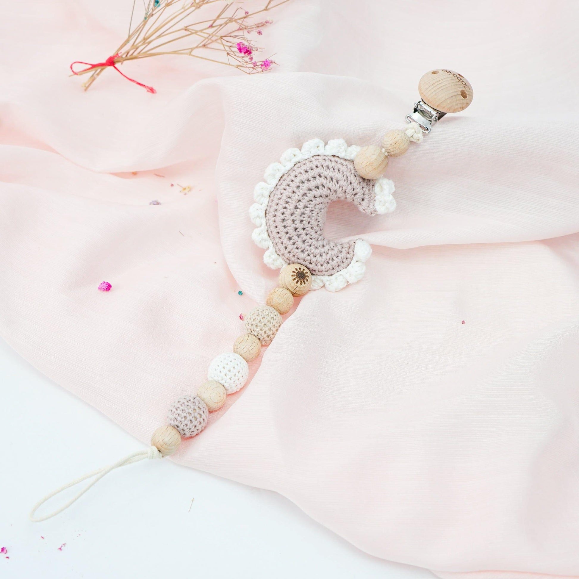 Crochet Moon Pacifier Clip toys Jabaloo