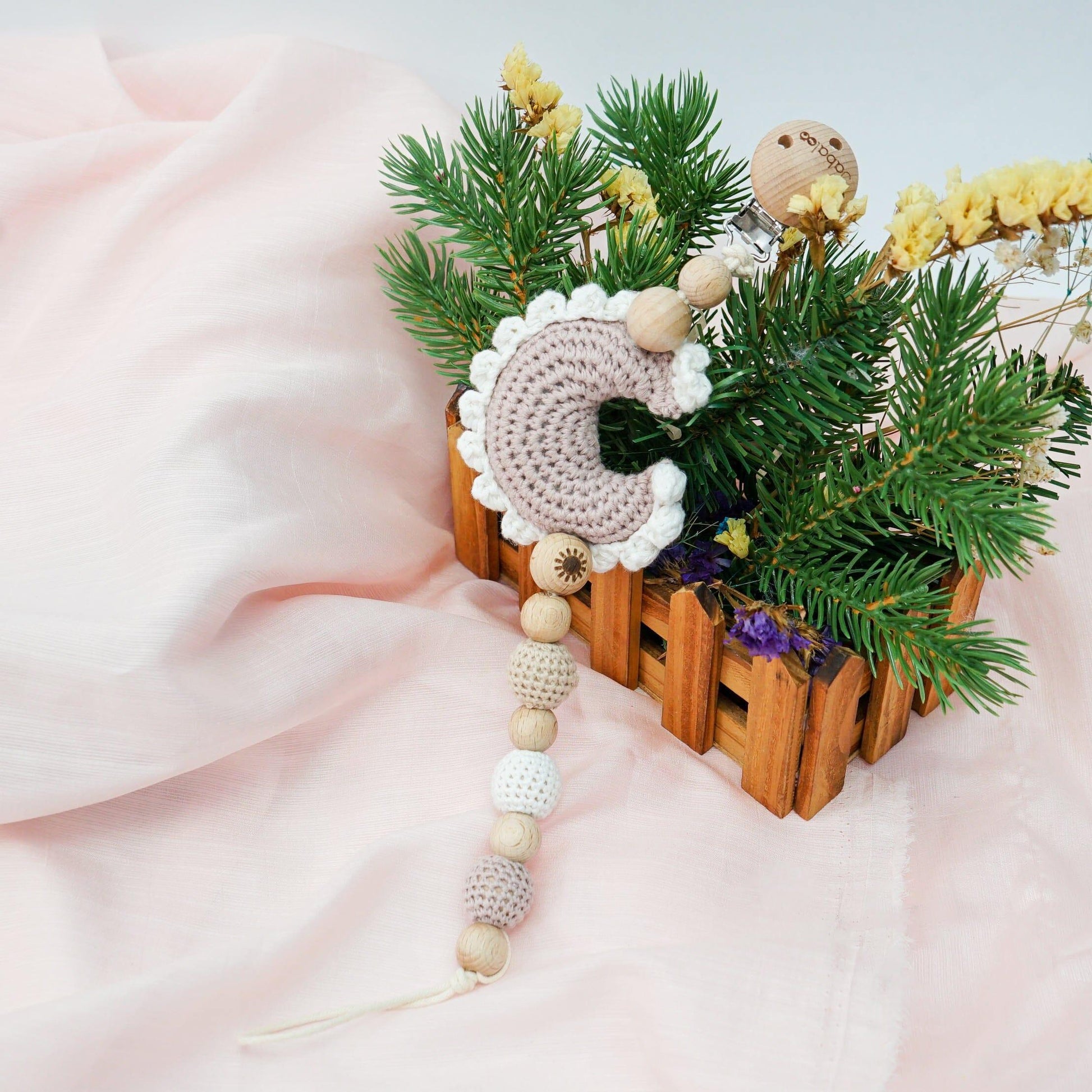 Crochet Moon Pacifier Clip toys Jabaloo