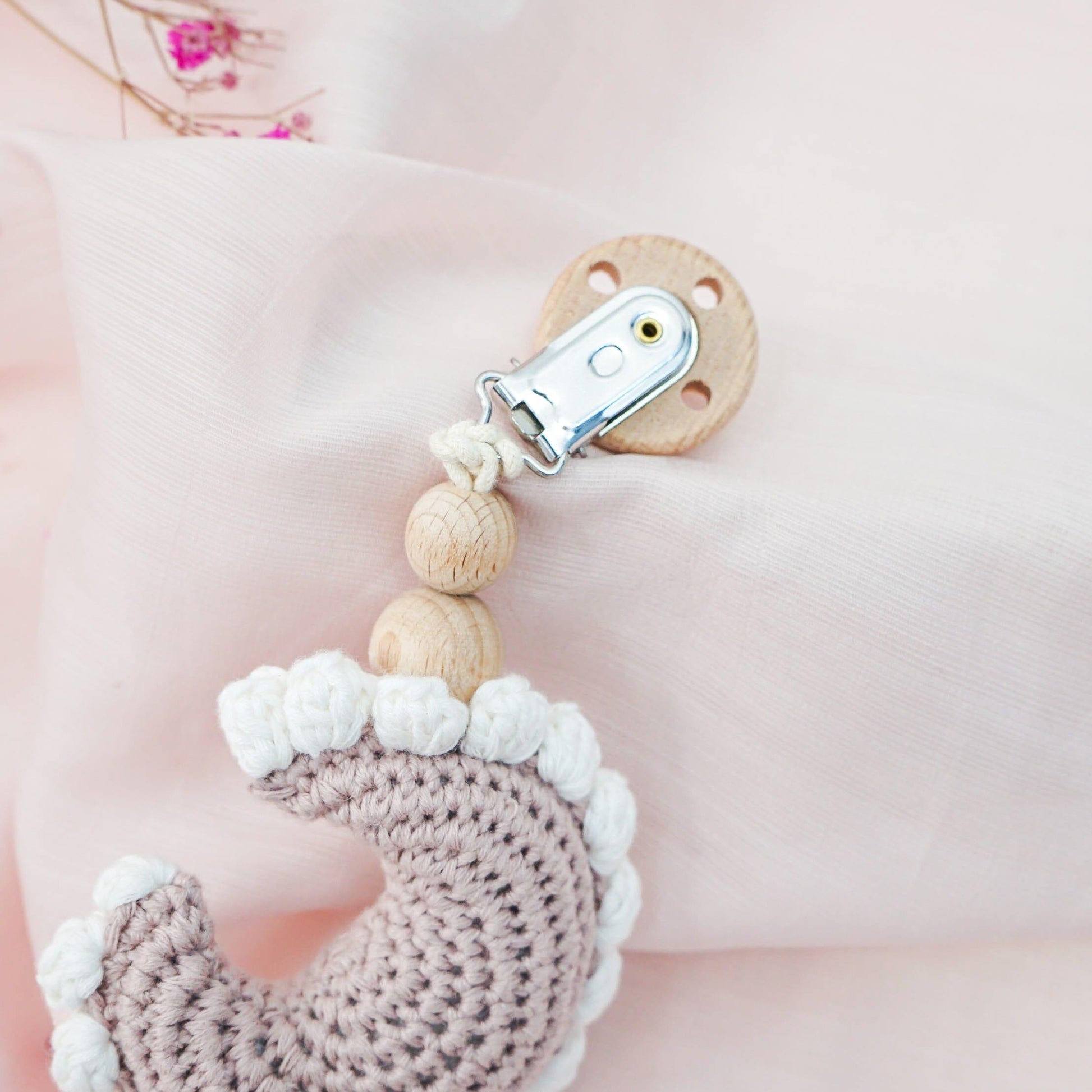 Crochet Moon Pacifier Clip toys Jabaloo