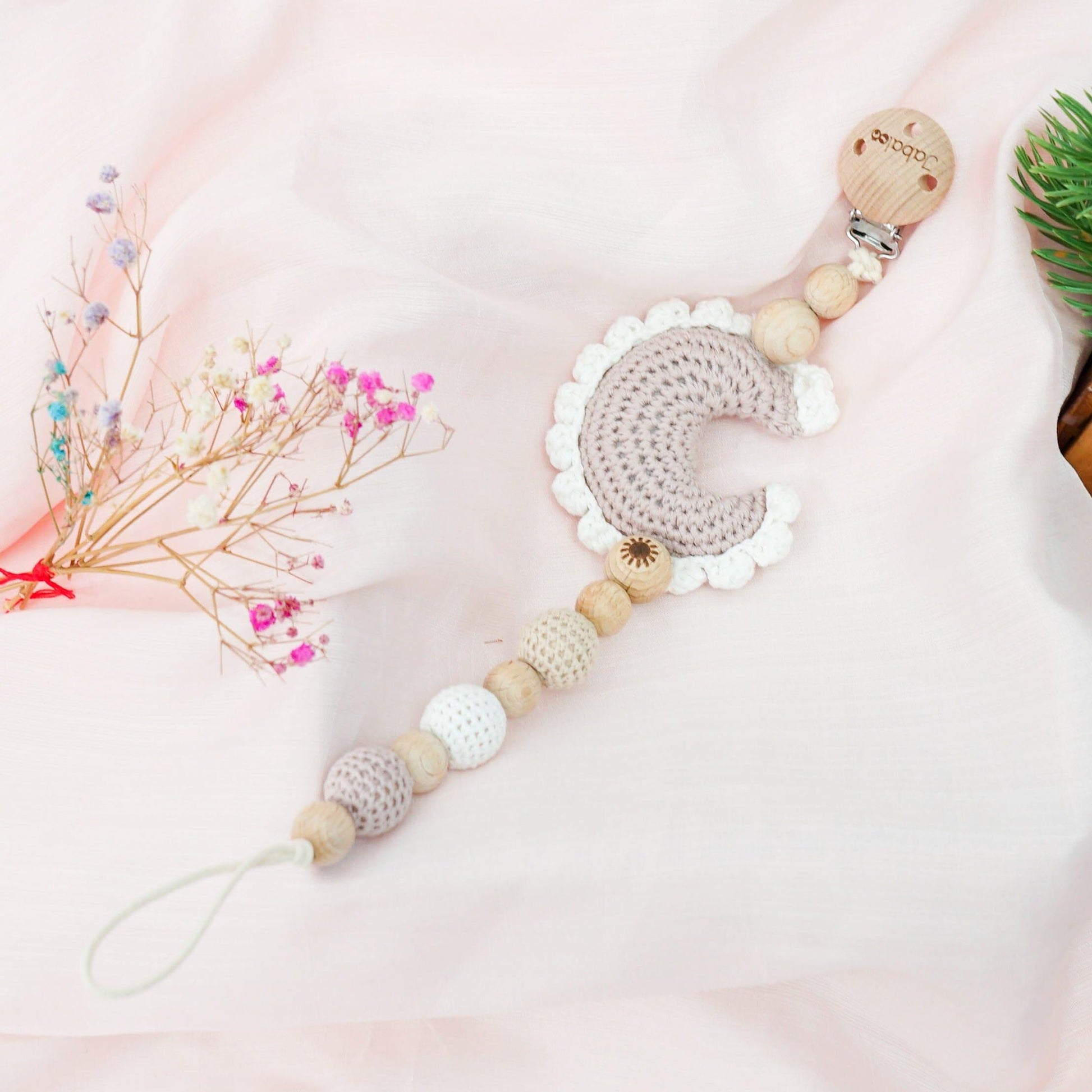 Crochet Moon Pacifier Clip toys Jabaloo