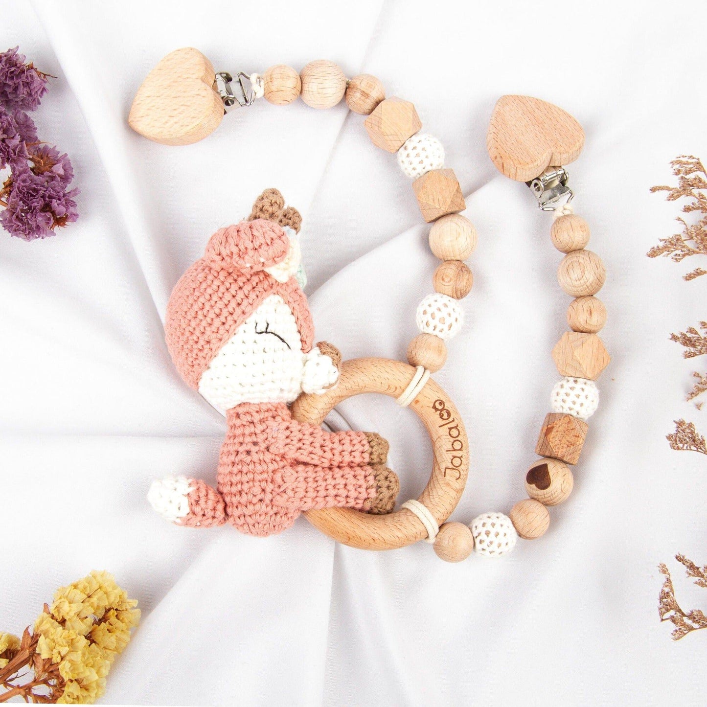 Handmade Crochet Reindeer Stroller Clip toys Jabaloo