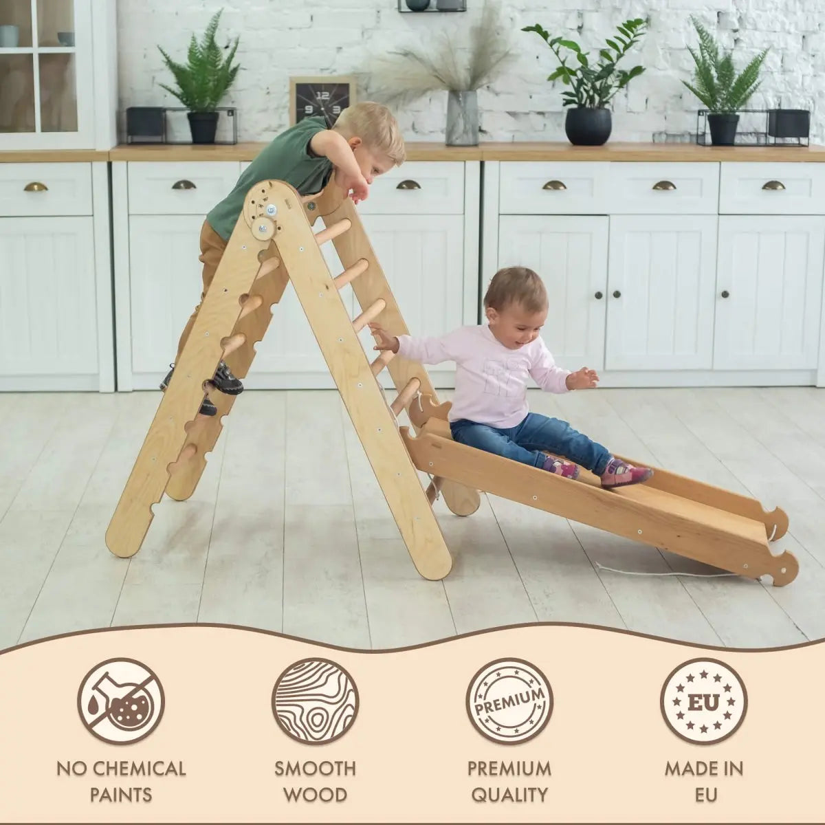 2in1 Montessori Climbing Set: Triangle Ladder + Slide Board/Ramp – Beige