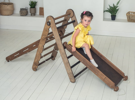 3in1 Montessori Climbing Frame Set: Triangle Ladder + Slide Board/Ramp + Net – Chocolate