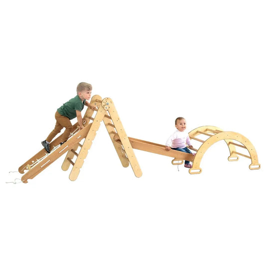 4in1 Montessori Climbing Set: Triangle Ladder + Arch/Rocker + Slide Board/Ramp + Climbing Net – Beige