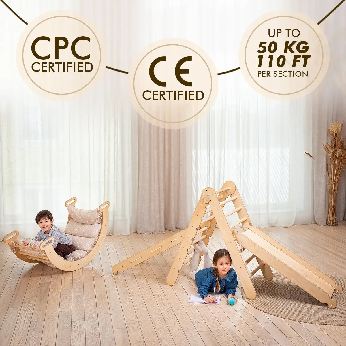 5in1 Montessori Climbing Frame Set: Triangle Ladder + Arch/Rocker + Slide Board/Ramp + Netting rope + Cushion