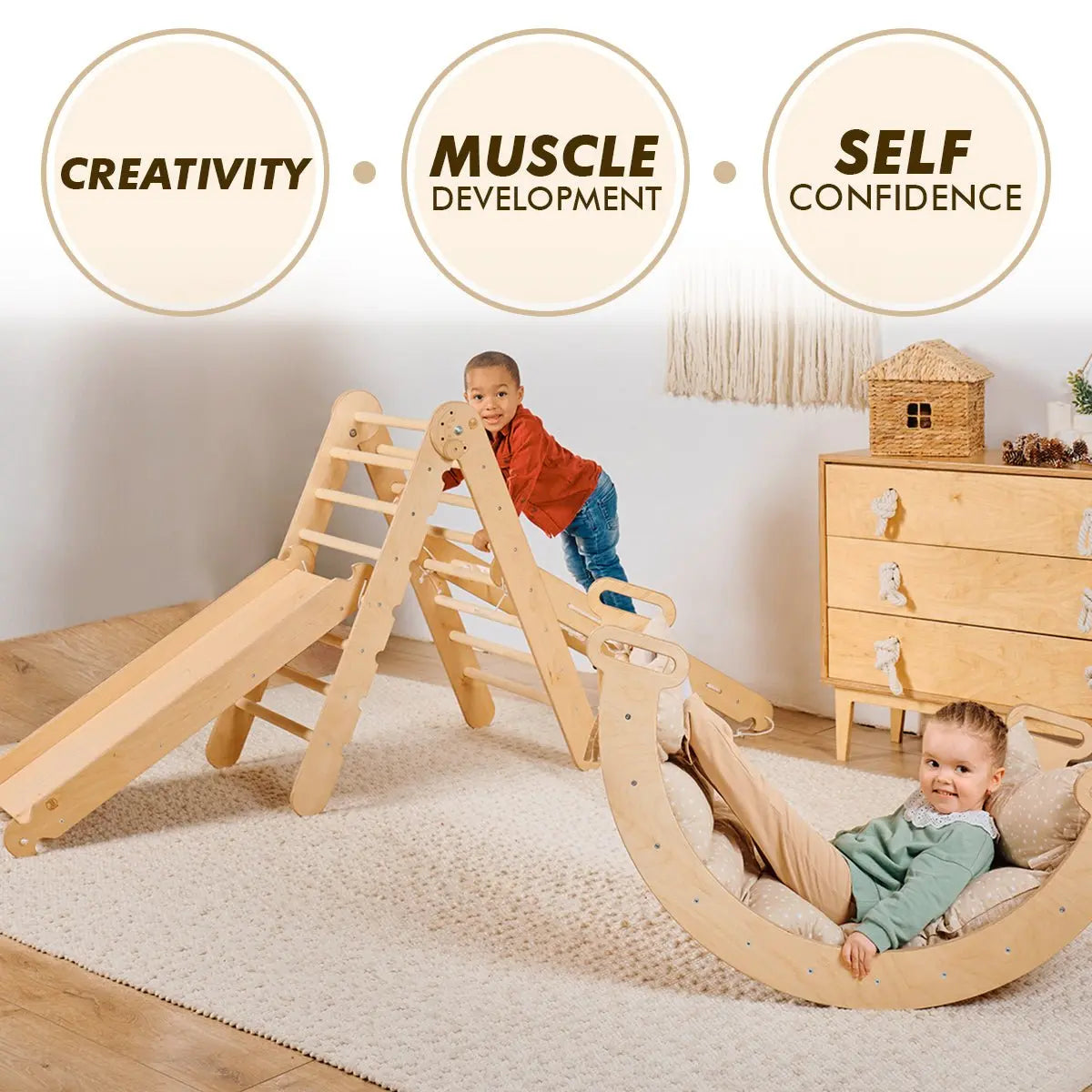 5in1 Montessori Climbing Frame Set: Triangle Ladder + Arch/Rocker + Slide Board/Ramp + Netting rope + Cushion