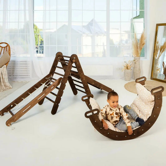 5in1 Montessori Climbing Set: Triangle Ladder + Arch/Rocker + Slide Board/Ramp + Net + Cushion – Chocolate