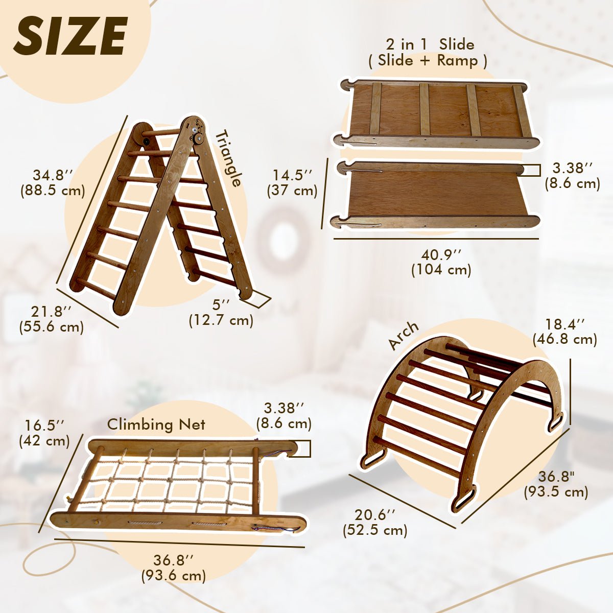 5in1 Montessori Climbing Set: Triangle Ladder + Arch/Rocker + Slide Board/Ramp + Net + Cushion – Chocolate