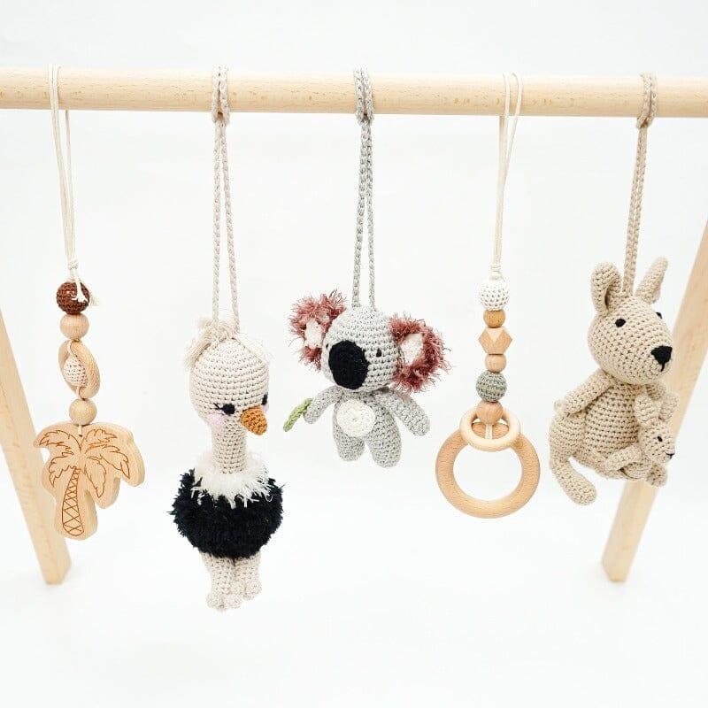 Natural Wood Baby Play Gym & Handmade Crochet Toys Jabaloo