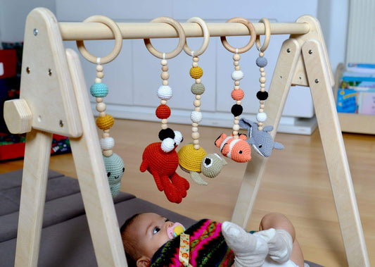 Montessori Baby Gym & Hanging Toys Set | Wooden Play Gym for Babies