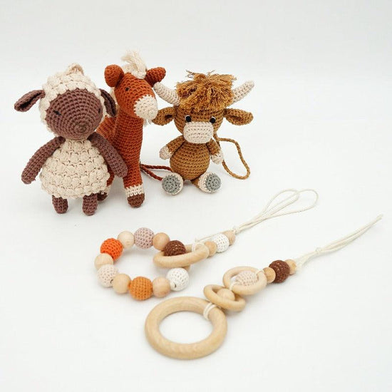 Natural Wood Baby Play Gym & Handmade Crochet Toys Jabaloo