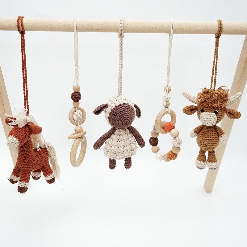 Natural Wood Baby Play Gym & Handmade Crochet Toys Jabaloo