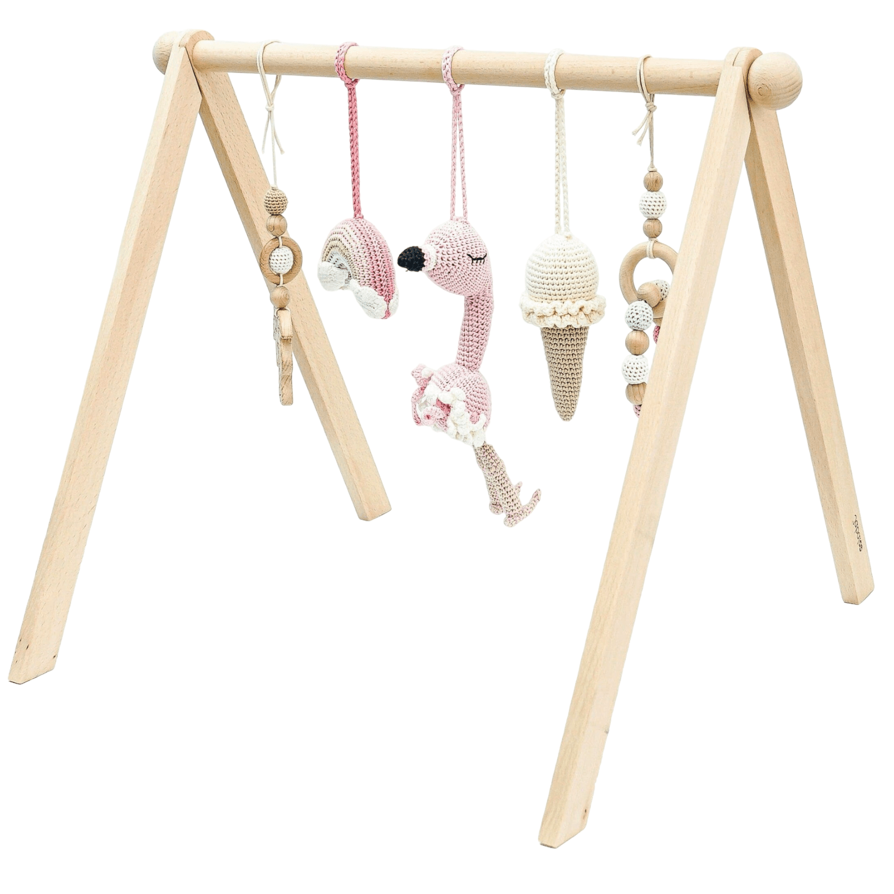 Natural Wood Baby Play Gym & Handmade Crochet Toys Jabaloo