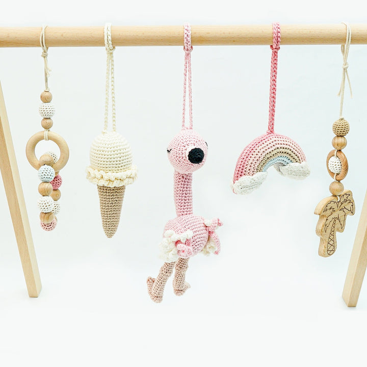 Baby Gym with Handmade Crochet Toys Jabaloo Flamingo Dreams #toys_flamingo