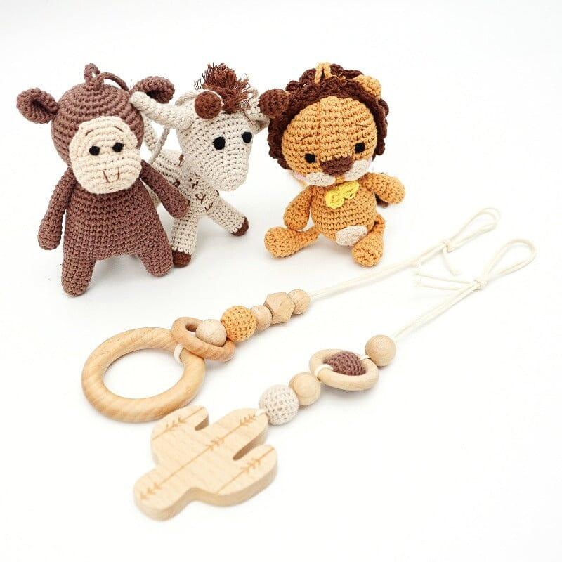 Natural Wood Baby Play Gym & Handmade Crochet Toys Jabaloo