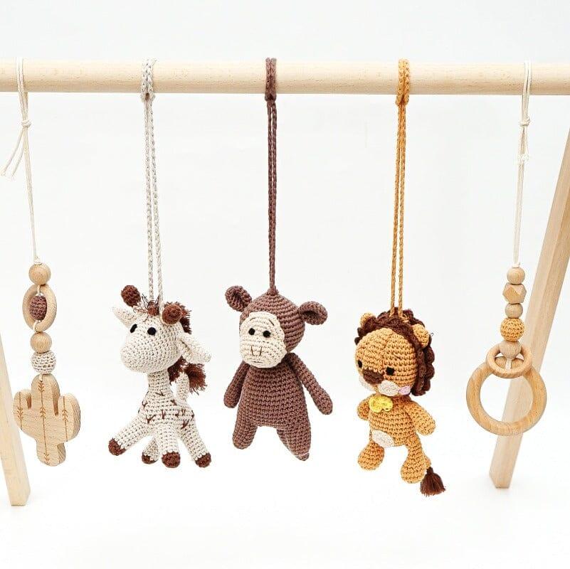 Natural Wood Baby Play Gym & Handmade Crochet Toys Jabaloo