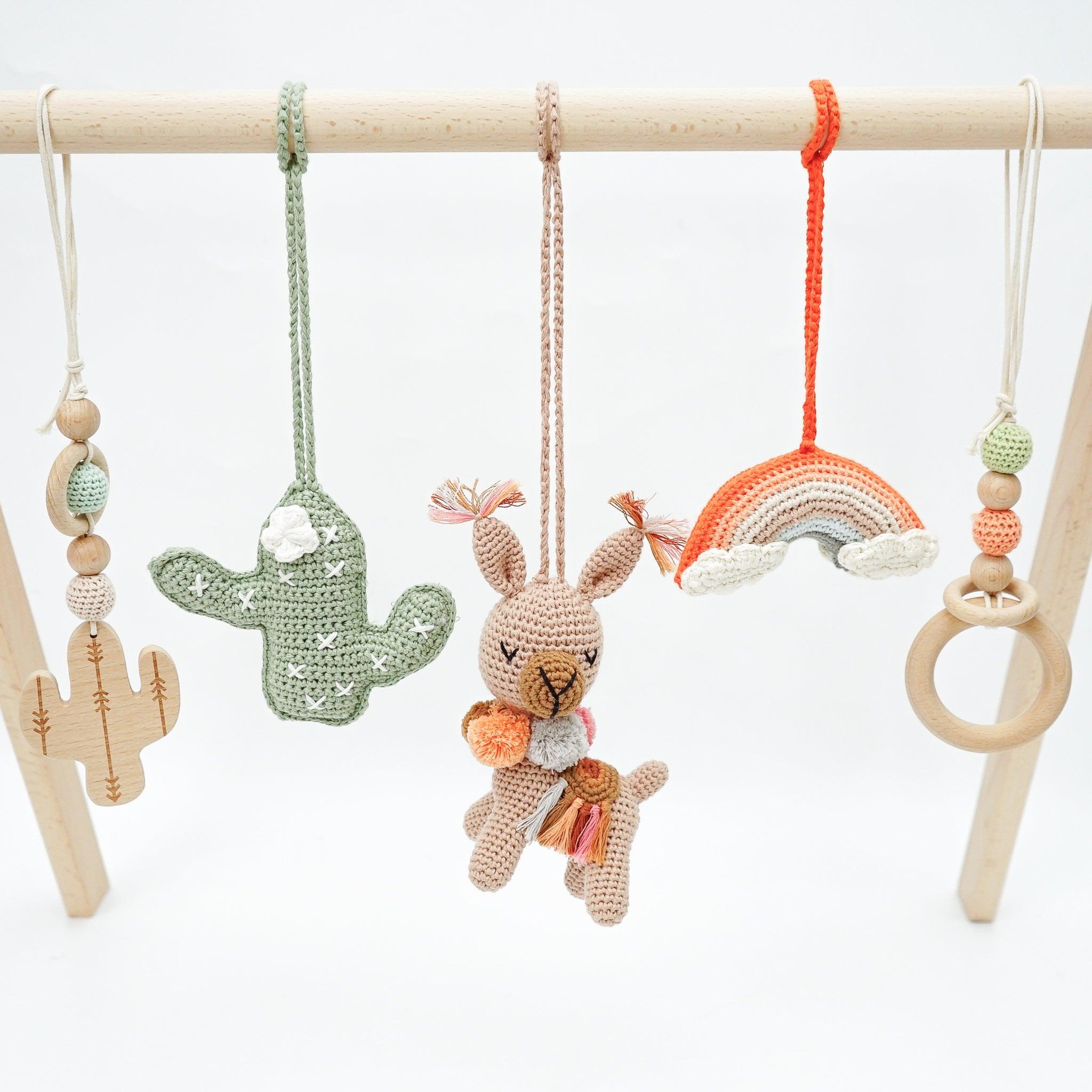 Natural Wood Baby Play Gym & Handmade Crochet Toys Jabaloo