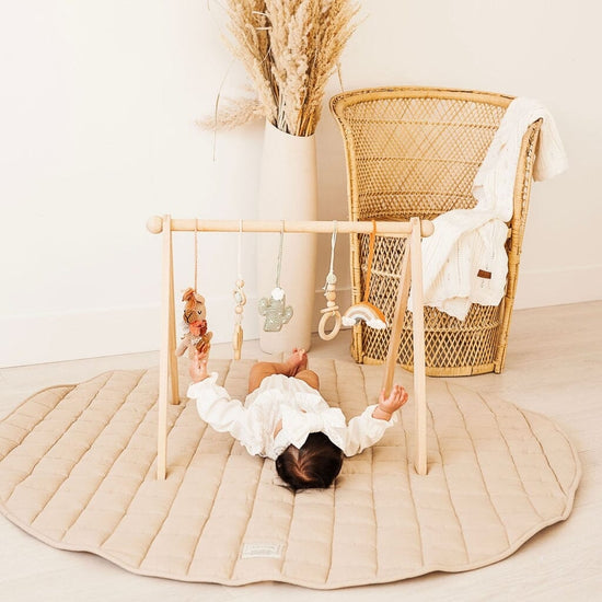 Natural Wood Baby Play Gym & Handmade Crochet Toys Jabaloo