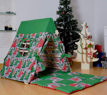 Climbing Triangle with Christmas Tent Cover, Mat, Ramp | Foldable Montessori Play Set