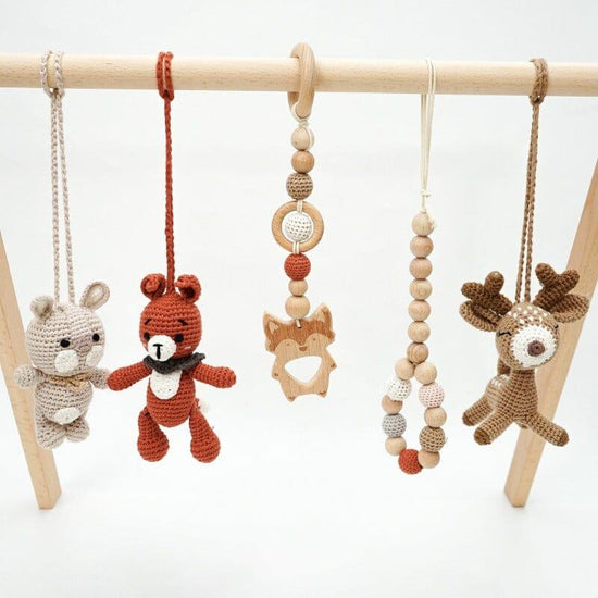 Natural Wood Baby Play Gym & Handmade Crochet Toys Jabaloo