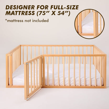 Full Montessori Floor Bed Frame for Toddlers with Fence and Wooden Slats (75*54 inch)