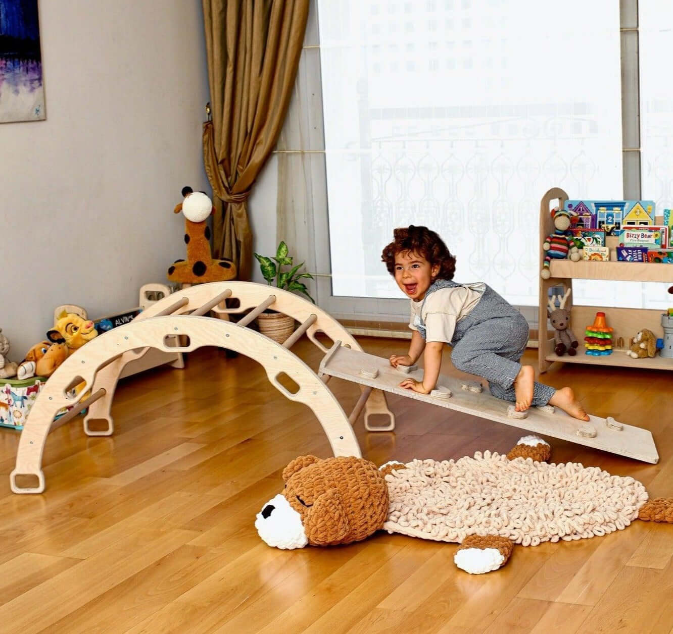 Montessori Wooden Rockwall Climbing and Sliding Ramp