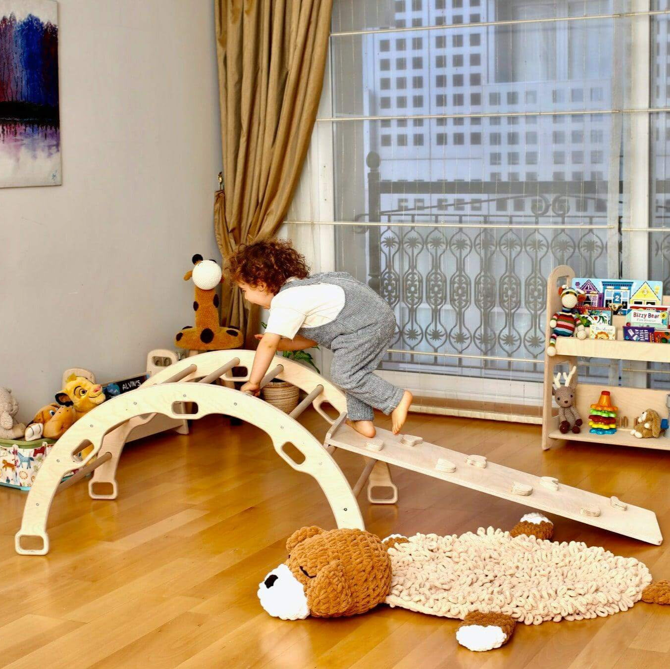 Montessori Wooden Rockwall Climbing and Sliding Ramp